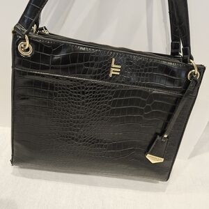 London Fog Black Embossed Shoulder Bag Gold Hardware Logo Accent Faux Leather